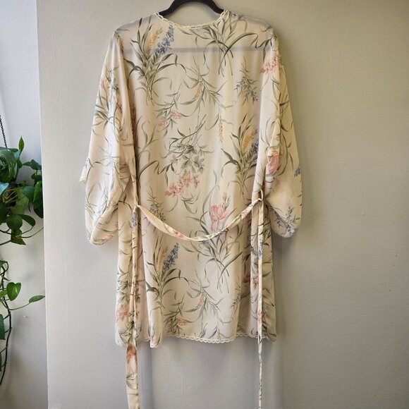 Vintage Val Mode Floral Sheer Kimono Robe Medium Cream Tie Belt Lace Trim - Picture 3 of 9